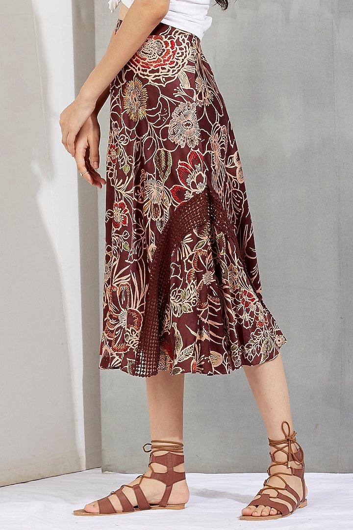 Brown Printed & Embroidered Midi Skirt by Kavita Bhartia at Pernia's Pop Up Shop
