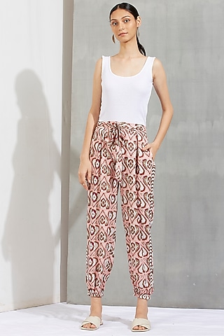 Brown Printed & Embroidered Tie-Up Pants by Kavita Bhartia