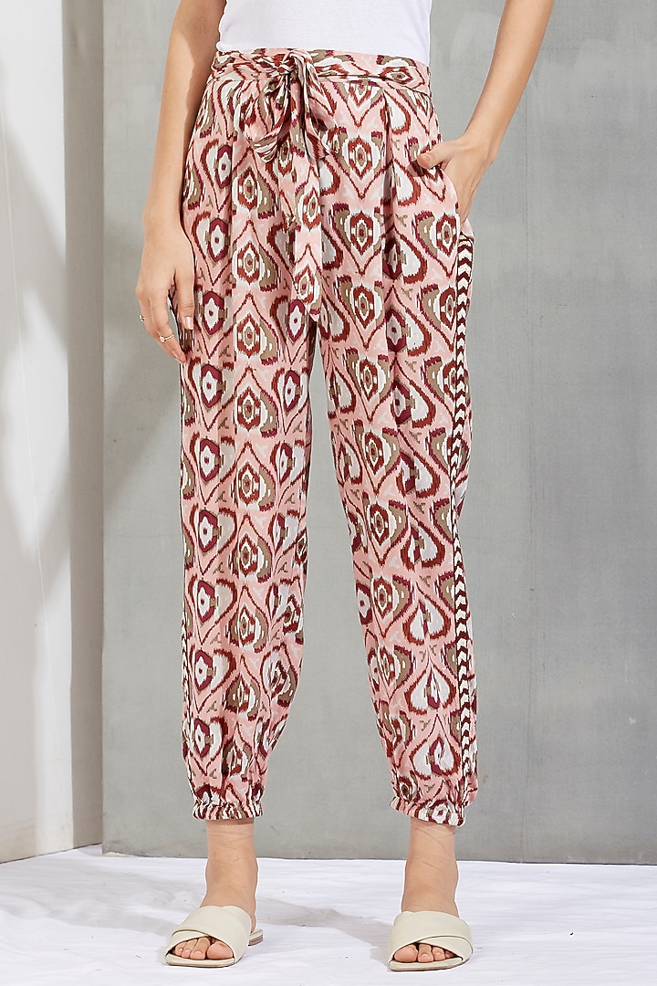 Brown Printed & Embroidered Tie-Up Pants by Kavita Bhartia at Pernia's Pop Up Shop