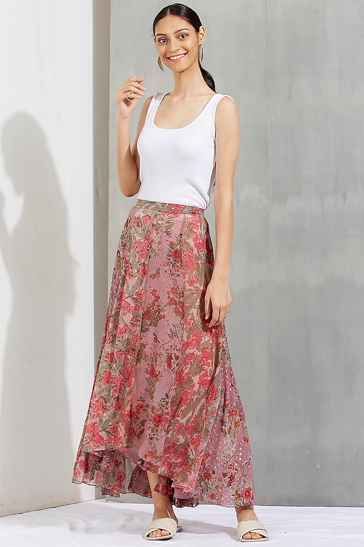 Nude Printed High-Low Maxi Skirt by Kavita Bhartia