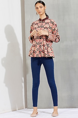 Brown Printed & Embroidered Peplum Jacket by Kavita Bhartia