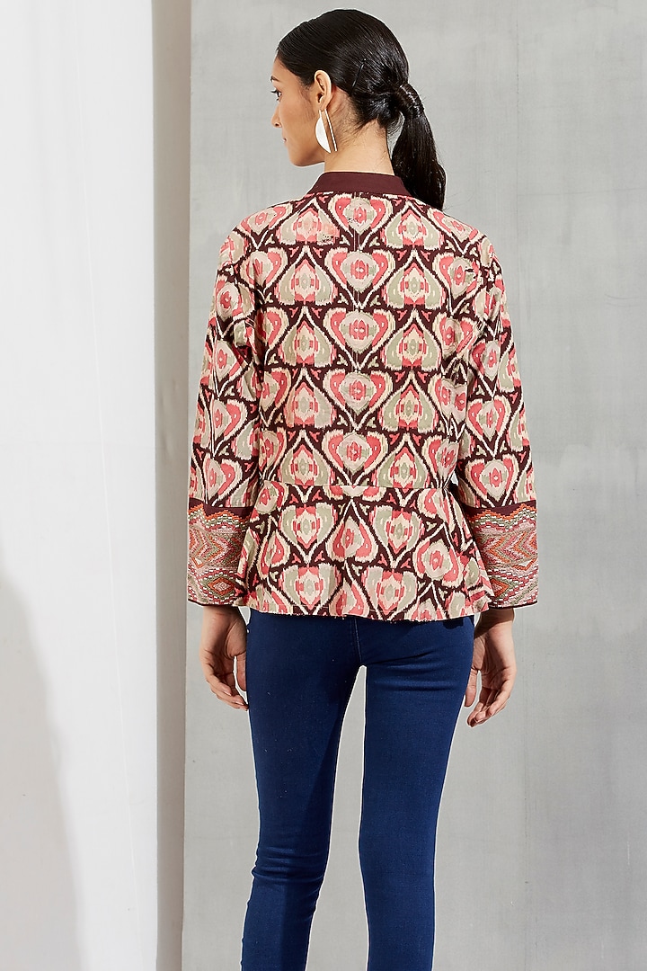 Brown Printed & Embroidered Peplum Jacket by Kavita Bhartia at Pernia's Pop Up Shop