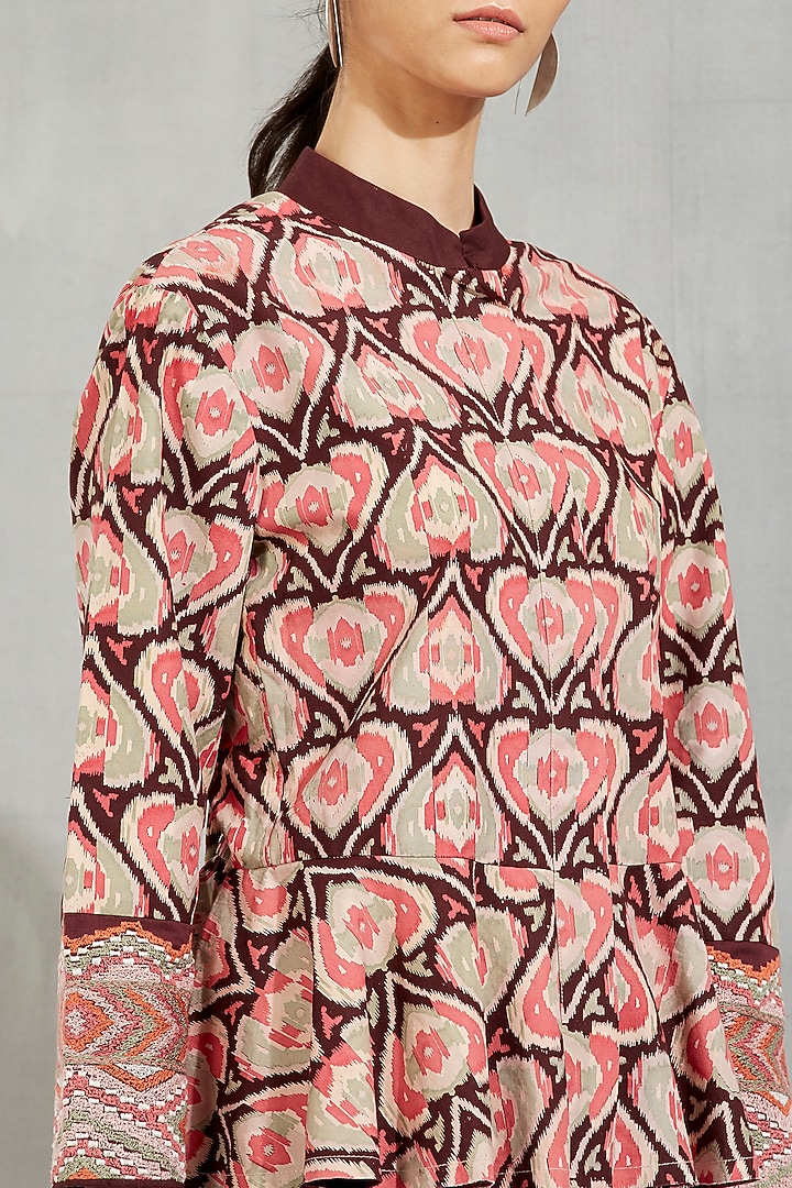 Brown Printed & Embroidered Peplum Jacket by Kavita Bhartia at Pernia's Pop Up Shop