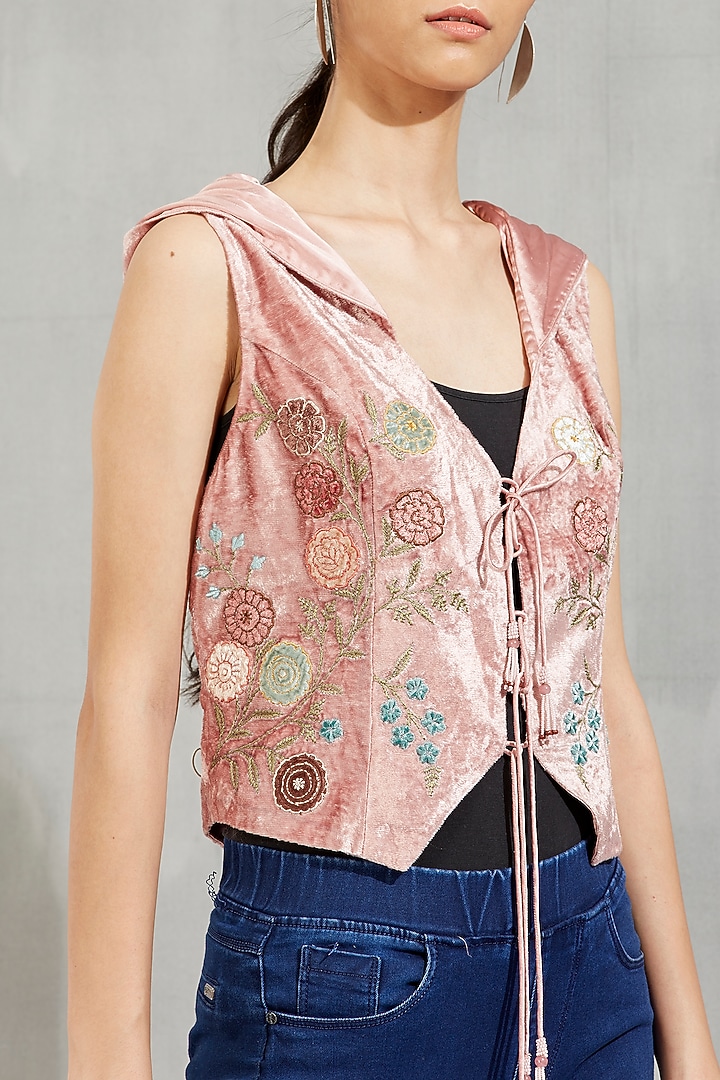 Nude Embroidered Velvet Waistcoat by Kavita Bhartia at Pernia's Pop Up Shop