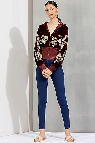 Brown Embroidered Velvet Bomber Jacket by Kavita Bhartia