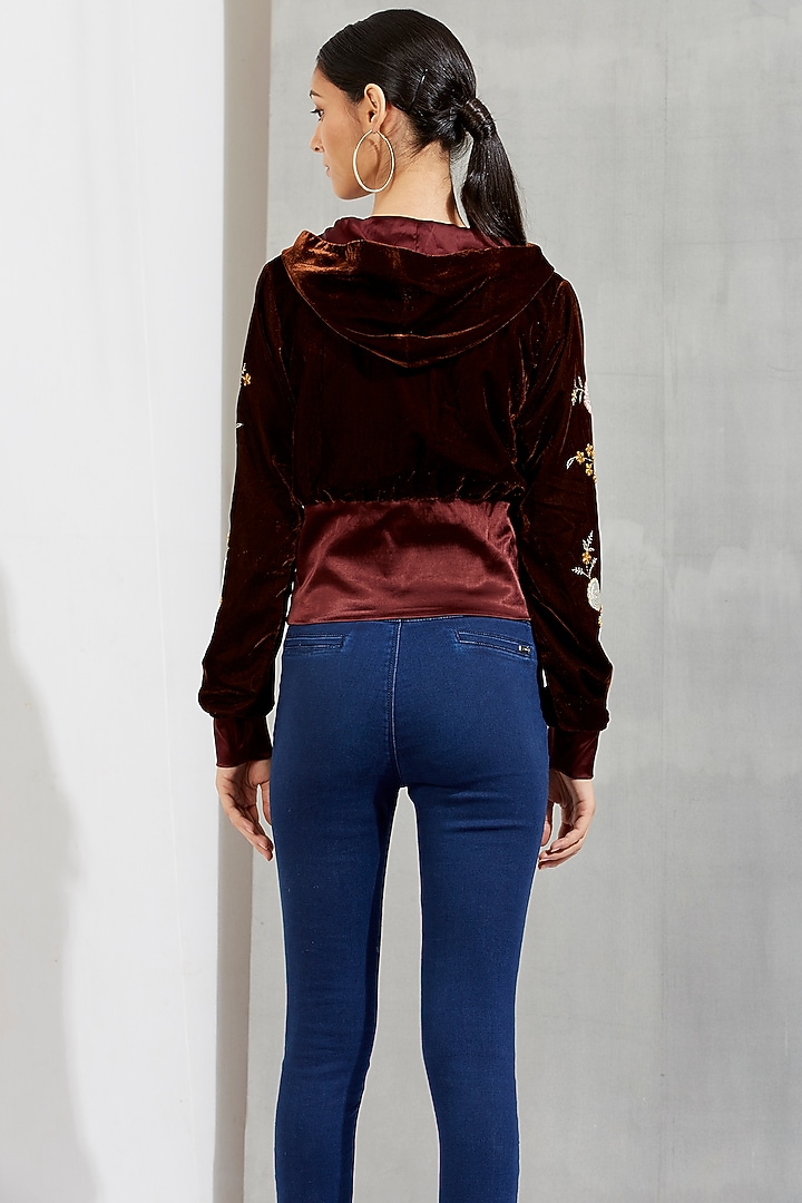 Brown Embroidered Velvet Bomber Jacket by Kavita Bhartia at Pernia's Pop Up Shop