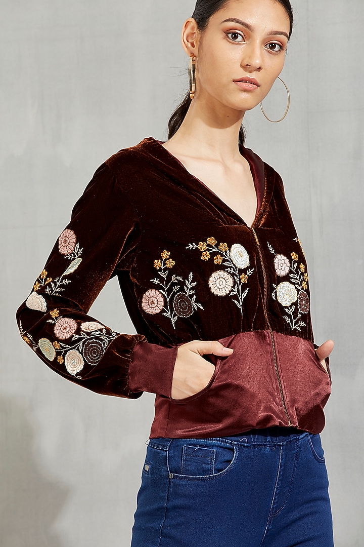 Brown Embroidered Velvet Bomber Jacket by Kavita Bhartia at Pernia's Pop Up Shop