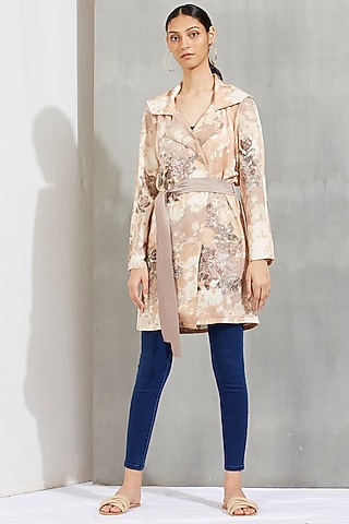 Beige Printed & Embroidered Trench Coat by Kavita Bhartia