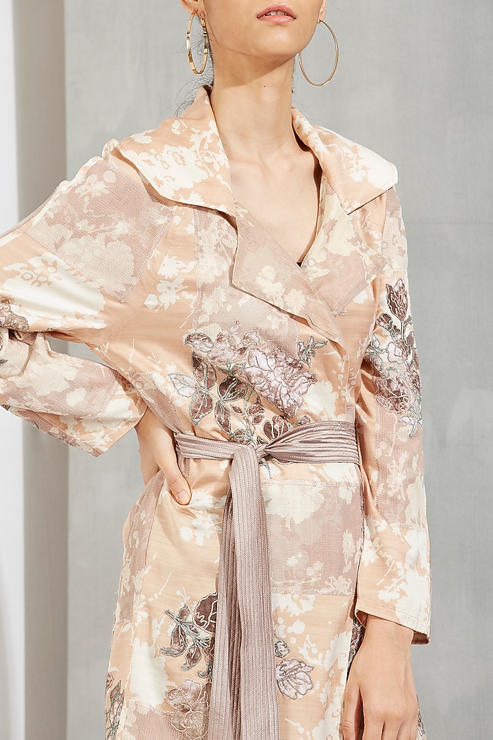 Beige Printed & Embroidered Trench Coat by Kavita Bhartia at Pernia's Pop Up Shop