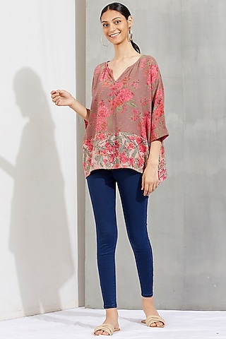 Brown Floral Printed Boxy Top by Kavita Bhartia