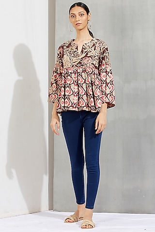 Brown Printed & Embroidered Top by Kavita Bhartia
