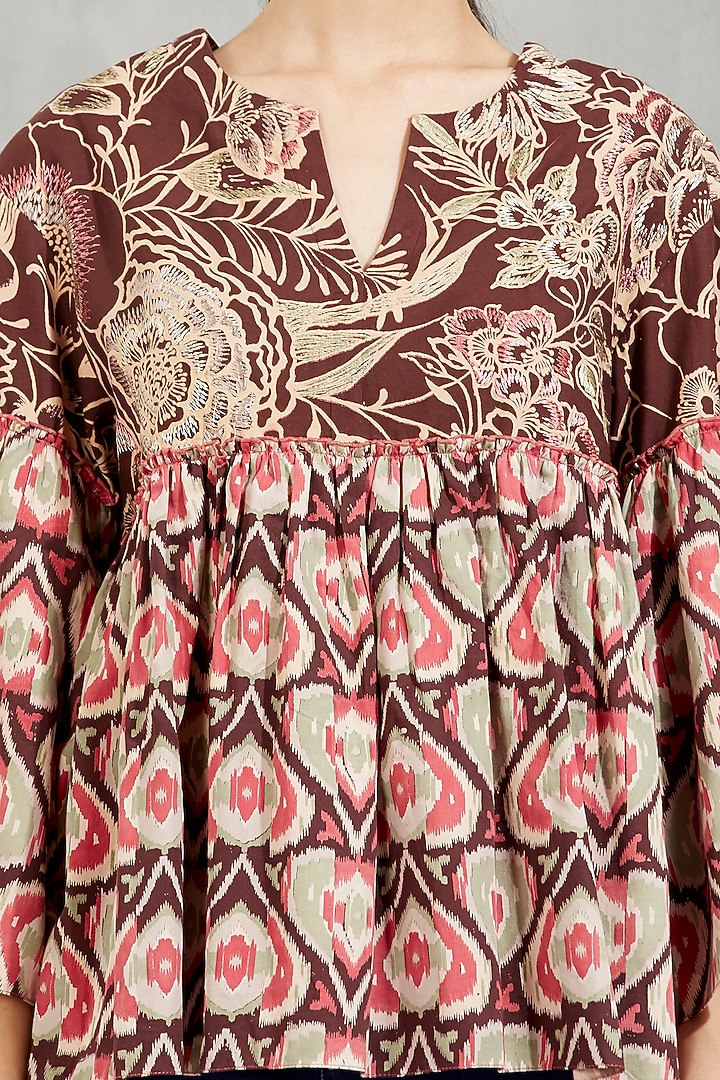 Brown Printed & Embroidered Top by Kavita Bhartia at Pernia's Pop Up Shop