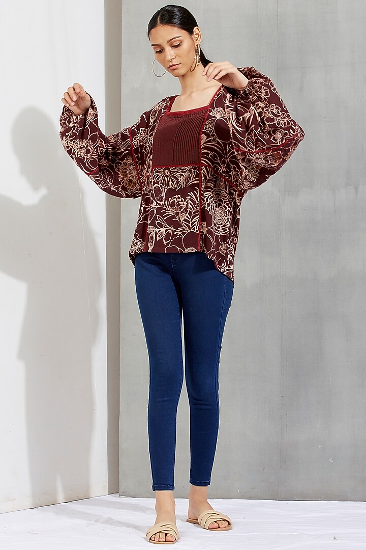 Brown Printed & Thread Embroidered Top by Kavita Bhartia at Pernia's Pop Up Shop