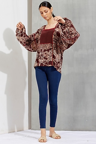 Brown Printed & Thread Embroidered Top by Kavita Bhartia