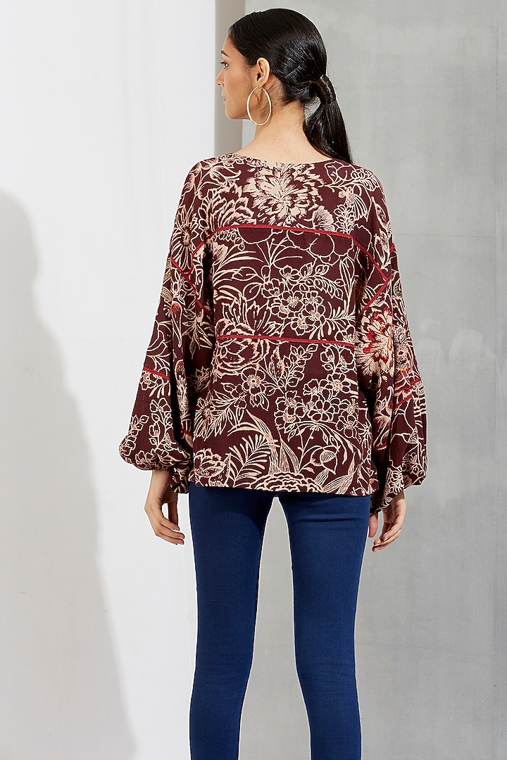 Brown Printed & Thread Embroidered Top by Kavita Bhartia at Pernia's Pop Up Shop