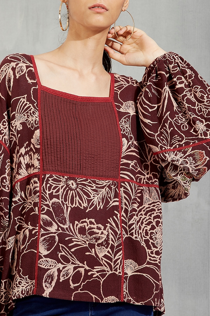 Brown Printed & Thread Embroidered Top by Kavita Bhartia at Pernia's Pop Up Shop