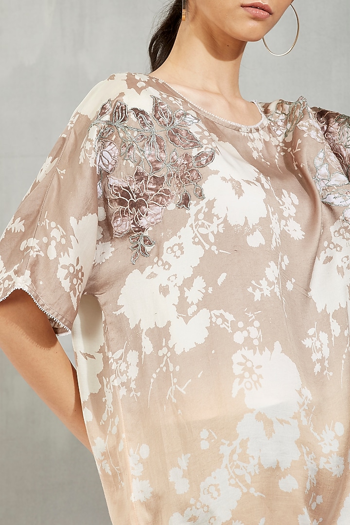 Beige Printed & Embroidered Boxy Top by Kavita Bhartia at Pernia's Pop Up Shop