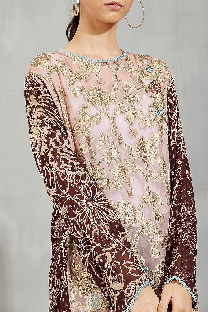 Nude Printed & Embroidered Panelled Tunic by Kavita Bhartia at Pernia's Pop Up Shop