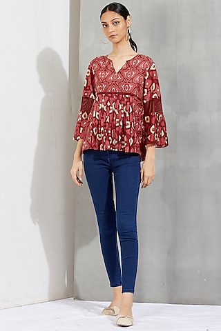 Brown Printed Cotton Silk Top by Kavita Bhartia