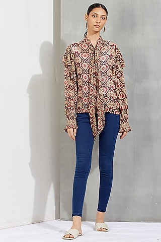 Brown Printed Tie-Up Shirt by Kavita Bhartia