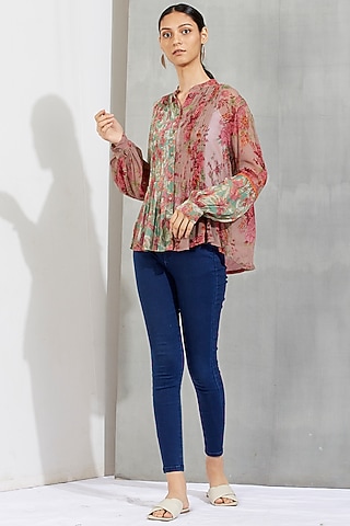 Brown Printed Pleated Shirt by Kavita Bhartia