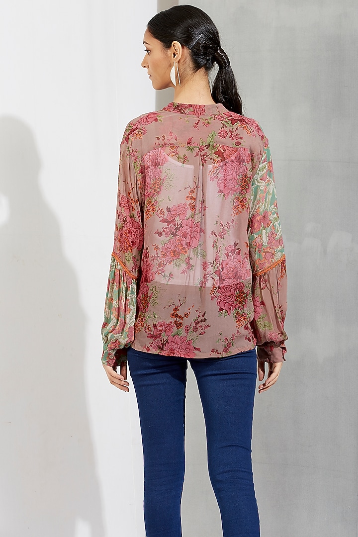 Brown Printed Pleated Shirt by Kavita Bhartia at Pernia's Pop Up Shop