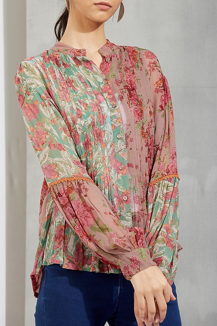 Brown Printed Pleated Shirt by Kavita Bhartia at Pernia's Pop Up Shop