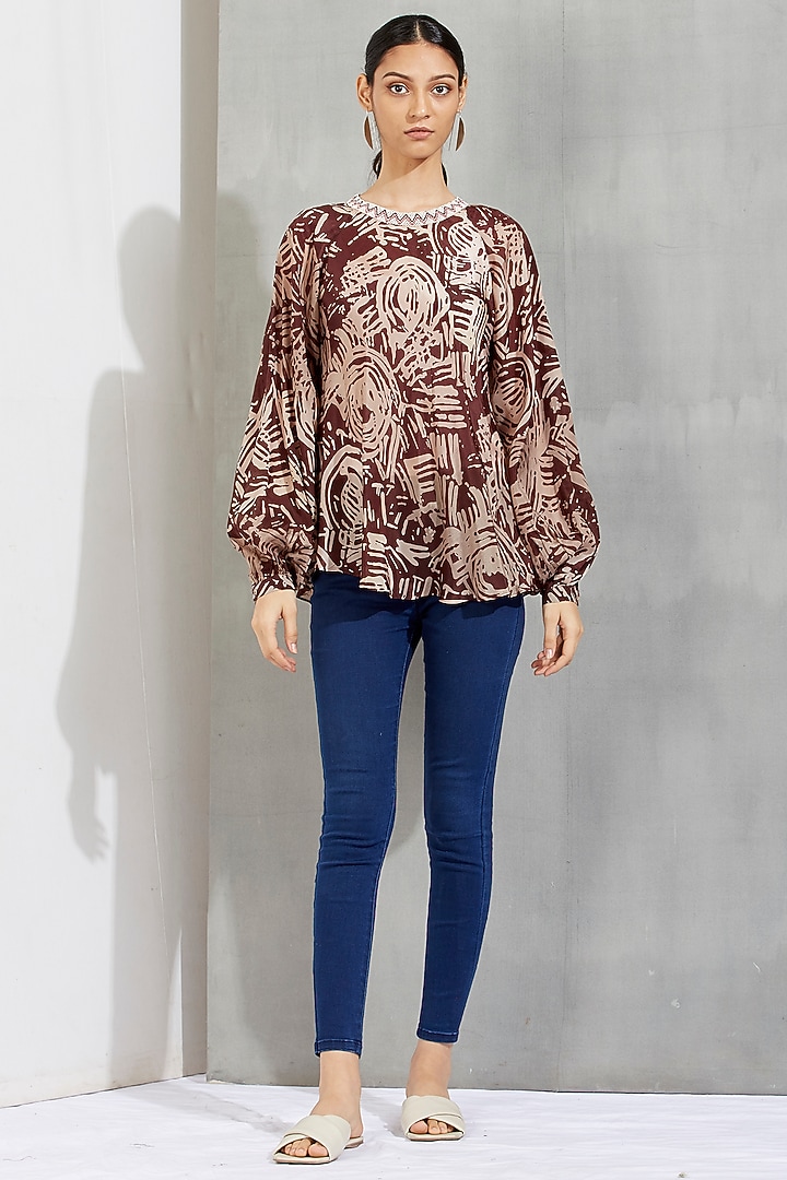 Brown Printed & Beads Embroidered Top by Kavita Bhartia at Pernia's Pop Up Shop