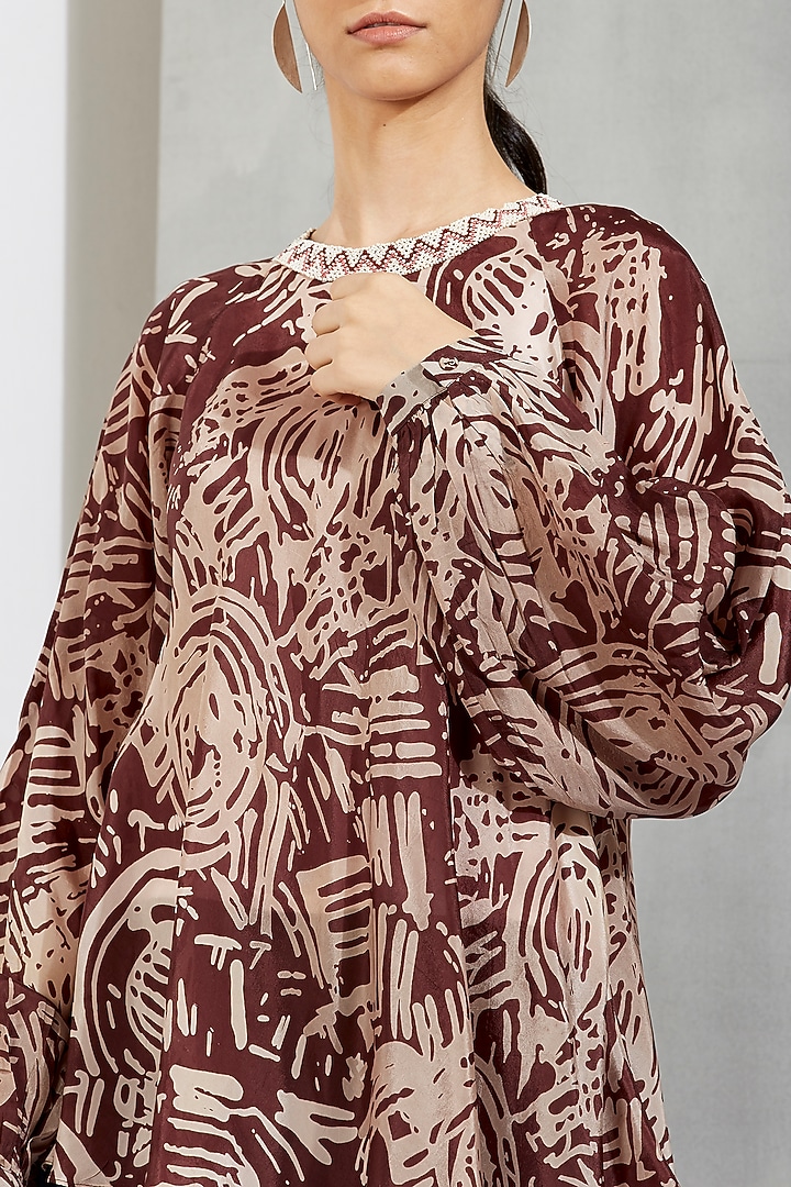 Brown Printed & Beads Embroidered Top by Kavita Bhartia at Pernia's Pop Up Shop