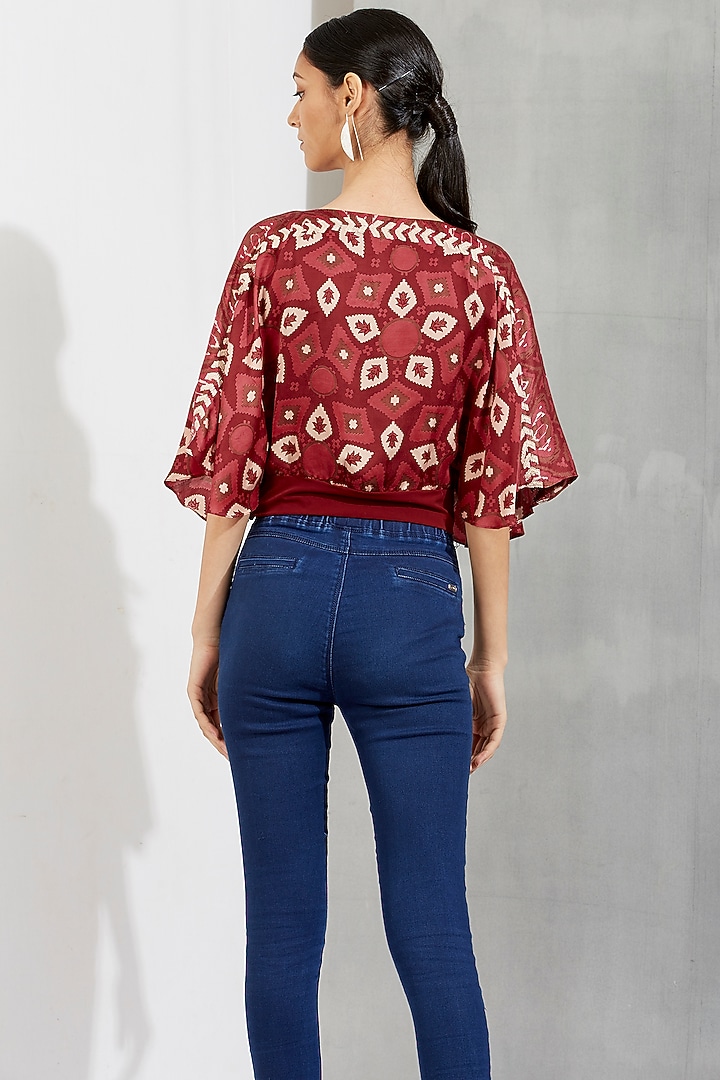 Brown Printed & Embroidered Overlap Top by Kavita Bhartia at Pernia's Pop Up Shop