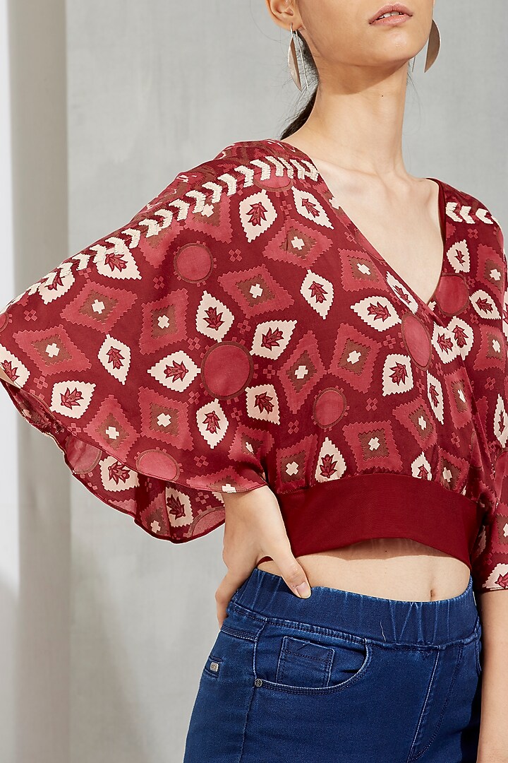Brown Printed & Embroidered Overlap Top by Kavita Bhartia at Pernia's Pop Up Shop