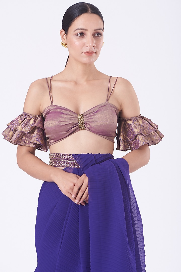 Clear Purple Crinkle Georgette Pre-Stitched Wedding Saree Set by Kavita Bhartia at Pernia's Pop Up Shop