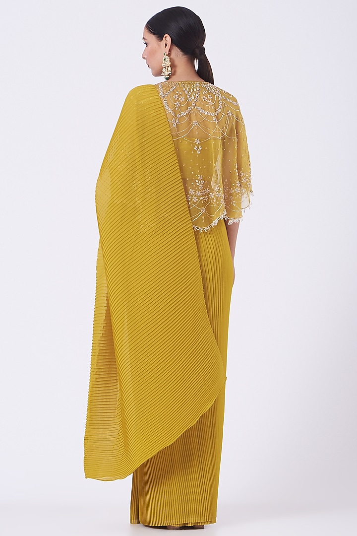 Ochre Crinkle Georgette Pre-Stitched Wedding Saree Set by Kavita Bhartia at Pernia's Pop Up Shop