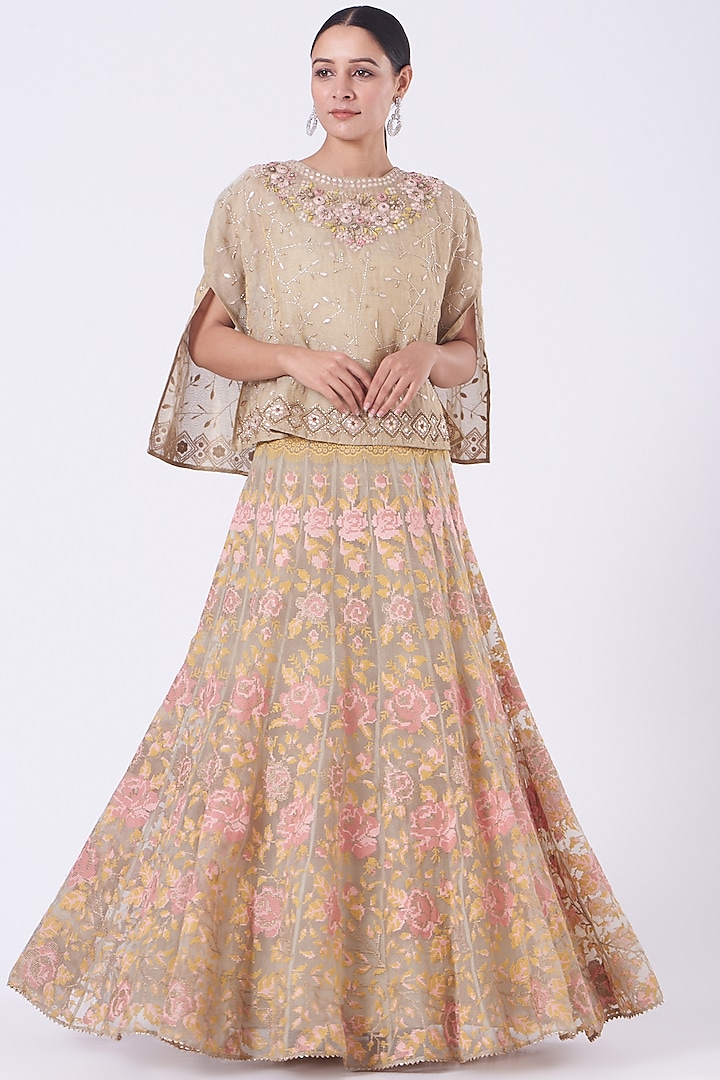 Beige Tissue Chanderi Skirt Set by Kavita Bhartia