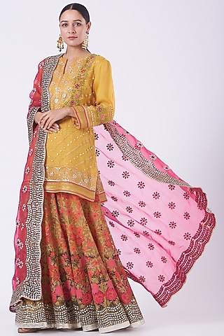 Merigold Yellow Hand Embroidered Sharara Set by Kavita Bhartia