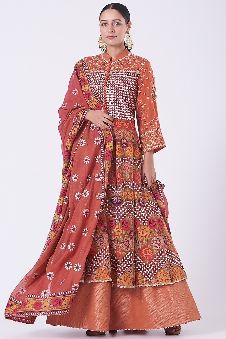 Rust Red Silk Organza Jacket Bridal Anarkali Set by Kavita Bhartia at Pernia's Pop Up Shop