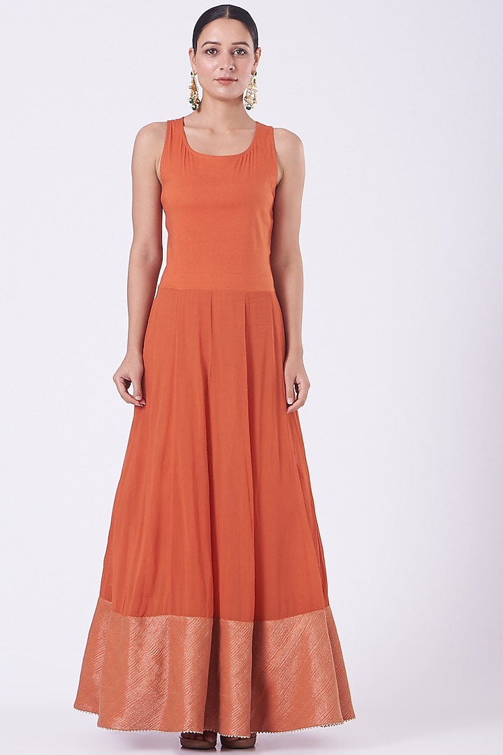 Rust Red Silk Organza Jacket Bridal Anarkali Set by Kavita Bhartia at Pernia's Pop Up Shop