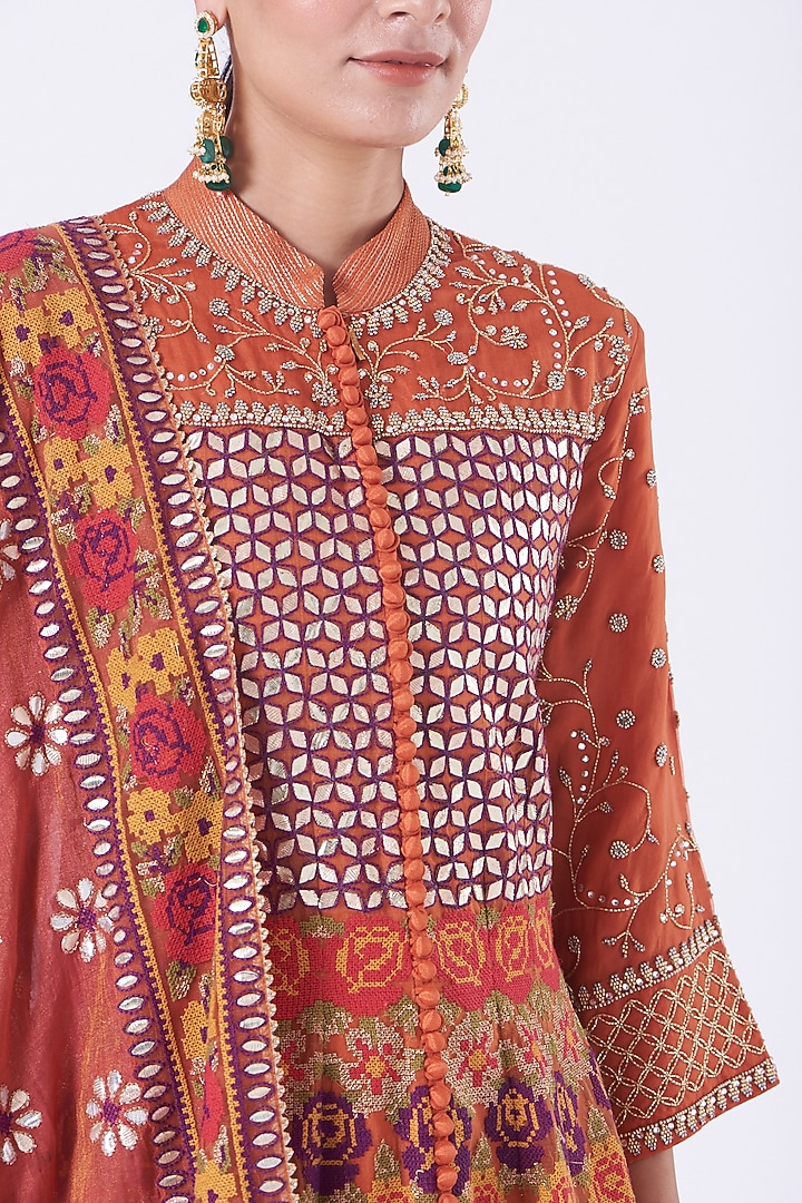 Rust Red Silk Organza Jacket Bridal Anarkali Set by Kavita Bhartia at Pernia's Pop Up Shop
