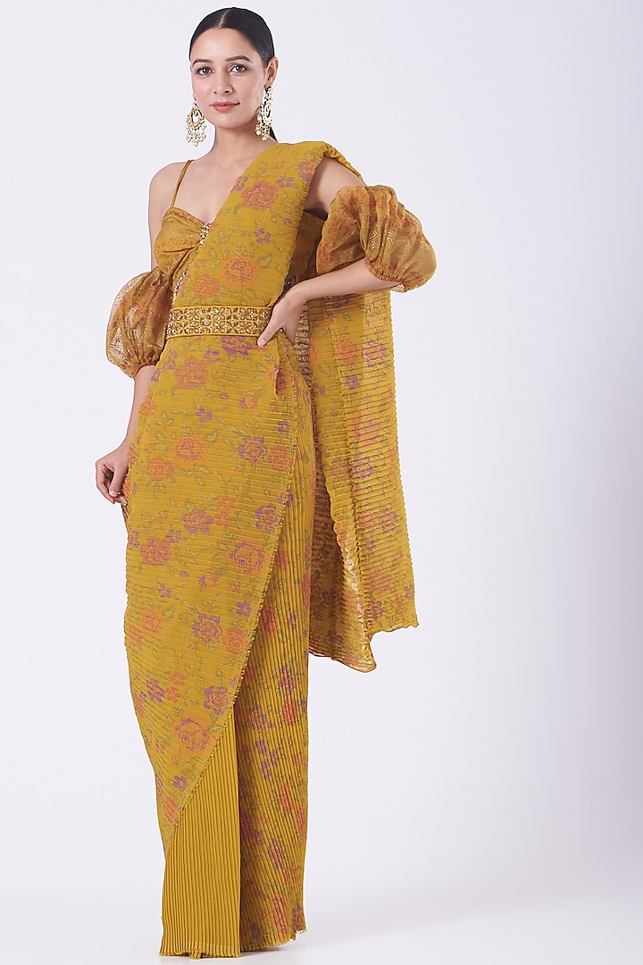 Ochre Georgette Pre-Stitched Saree Set by Kavita Bhartia at Pernia's Pop Up Shop