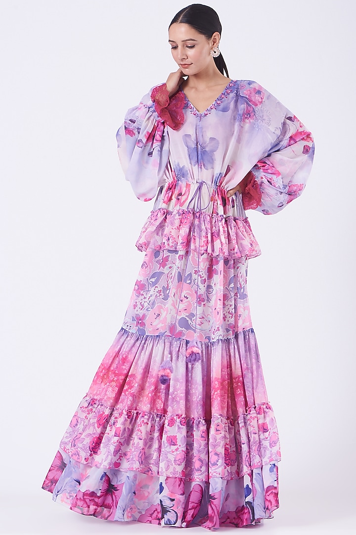 Lavender & Blush Pink Printed Tiered Maxi Dress by Kavita Bhartia