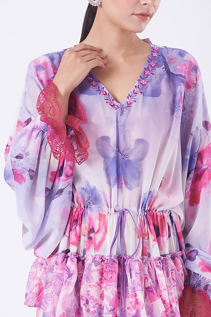 Lavender & Blush Pink Printed Tiered Maxi Vacation Dress by Kavita Bhartia at Pernia's Pop Up Shop