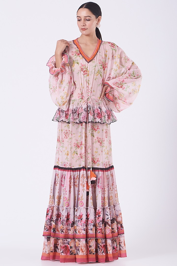 Crystal Pink Printed Tiered Maxi Dress by Kavita Bhartia at Pernia's Pop Up Shop