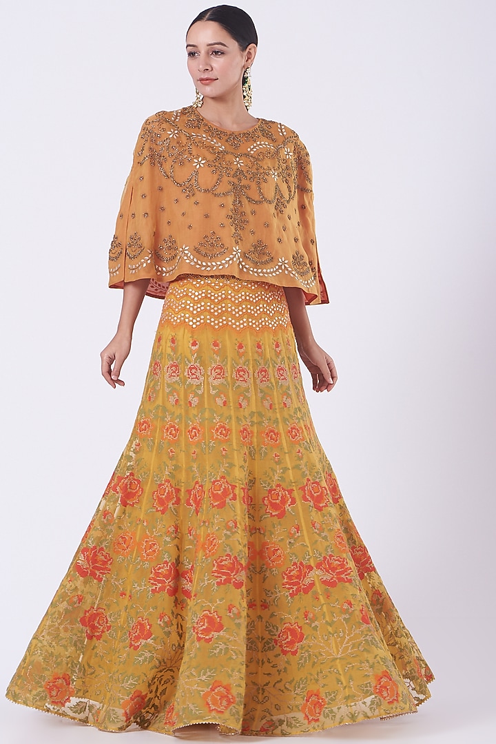 Apricot Orange & Capital Yellow Embroidered Skirt Set by Kavita Bhartia at Pernia's Pop Up Shop