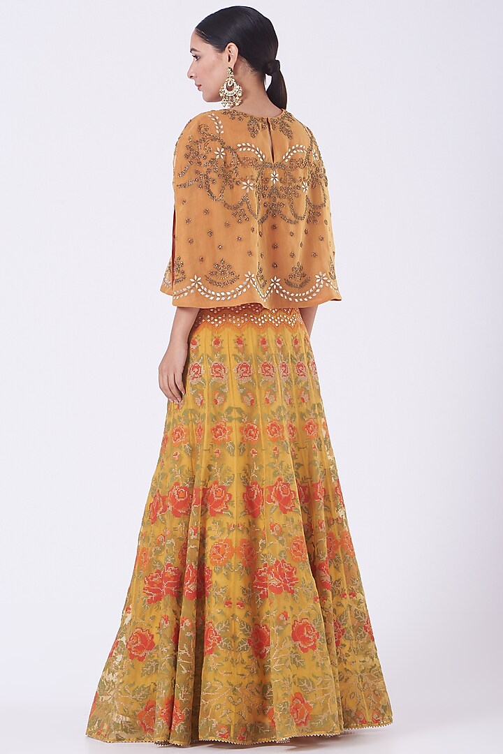 Apricot Orange & Capital Yellow Embroidered Skirt Set by Kavita Bhartia at Pernia's Pop Up Shop