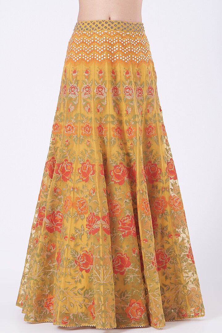 Apricot Orange & Capital Yellow Embroidered Skirt Set by Kavita Bhartia at Pernia's Pop Up Shop