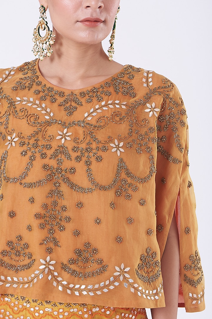 Apricot Orange & Capital Yellow Embroidered Skirt Set by Kavita Bhartia at Pernia's Pop Up Shop