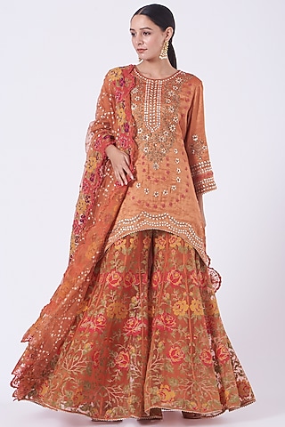 Rust Brown Organza Silk Sharara Set by Kavita Bhartia