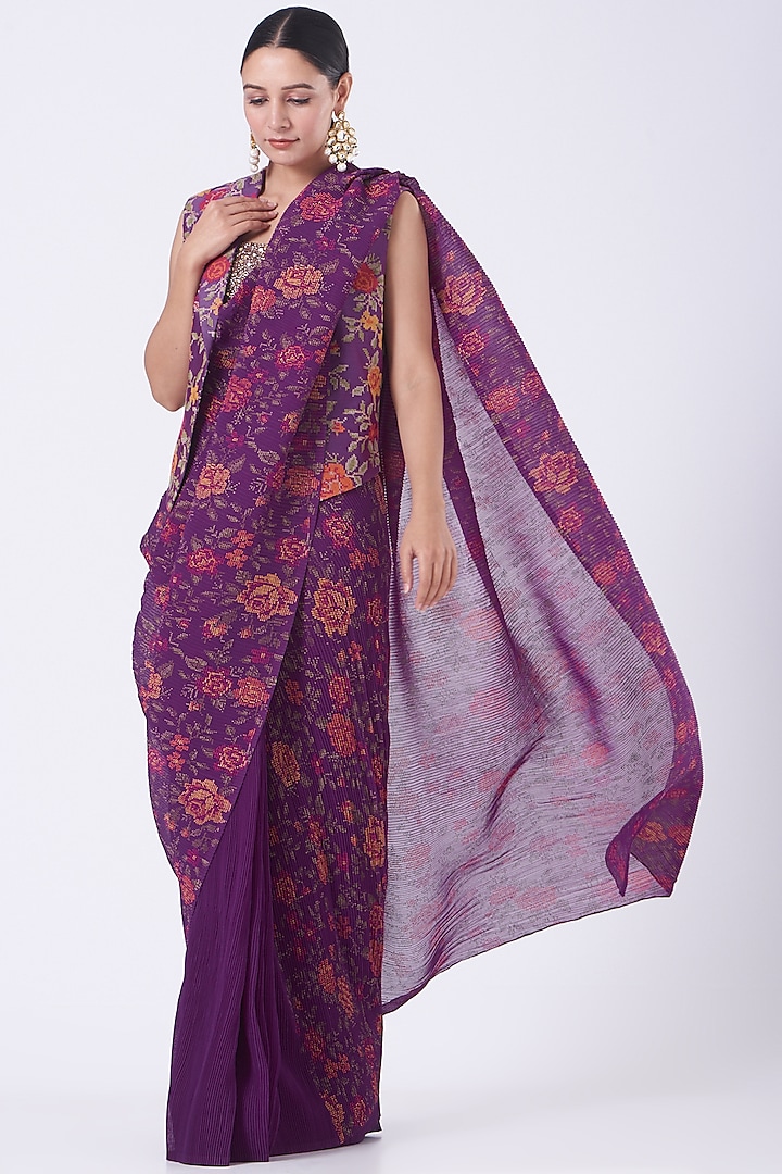Plum Purple Crinkle Georgette Hand Block Printed Pre-Stitched Jacket Saree Set by Kavita Bhartia
