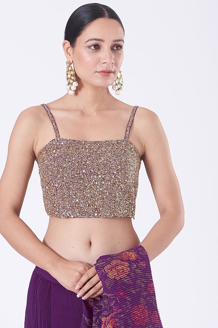 Plum Purple Crinkle Georgette Hand Block Printed Pre-Stitched Jacket Wedding Saree Set by Kavita Bhartia at Pernia's Pop Up Shop