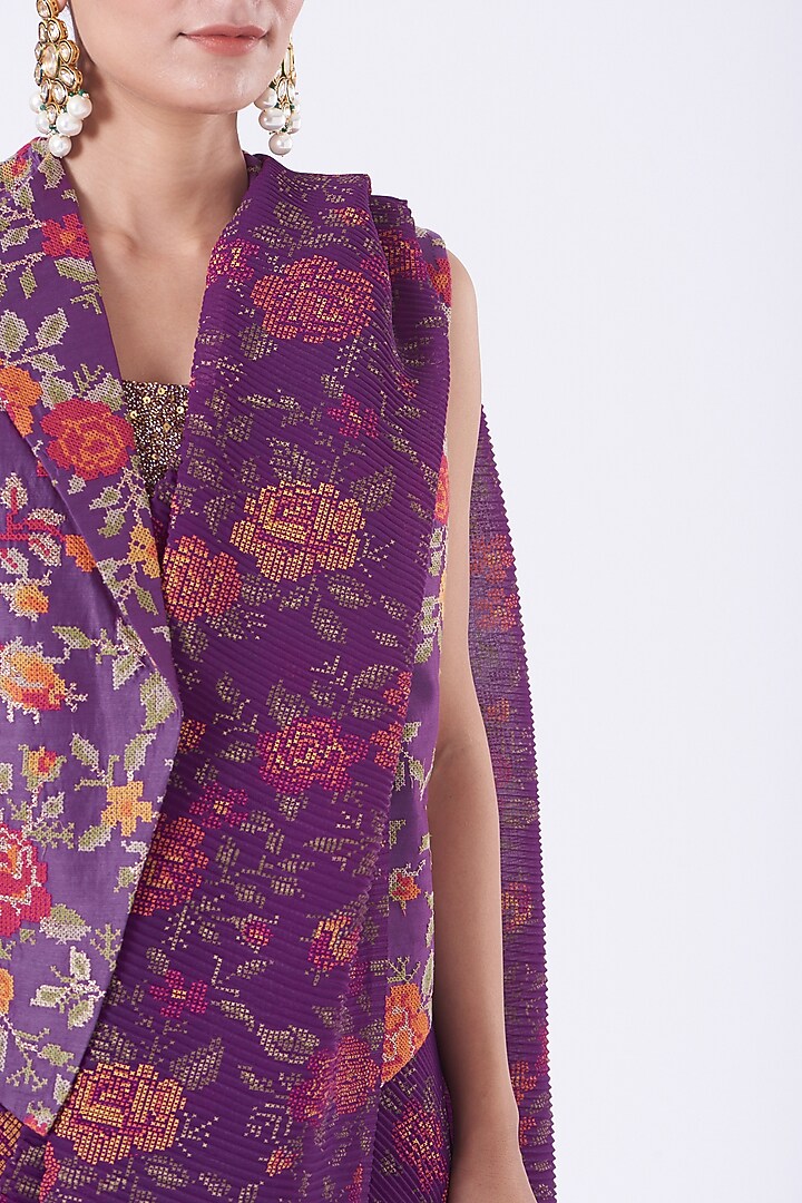 Plum Purple Crinkle Georgette Hand Block Printed Pre-Stitched Jacket Wedding Saree Set by Kavita Bhartia at Pernia's Pop Up Shop